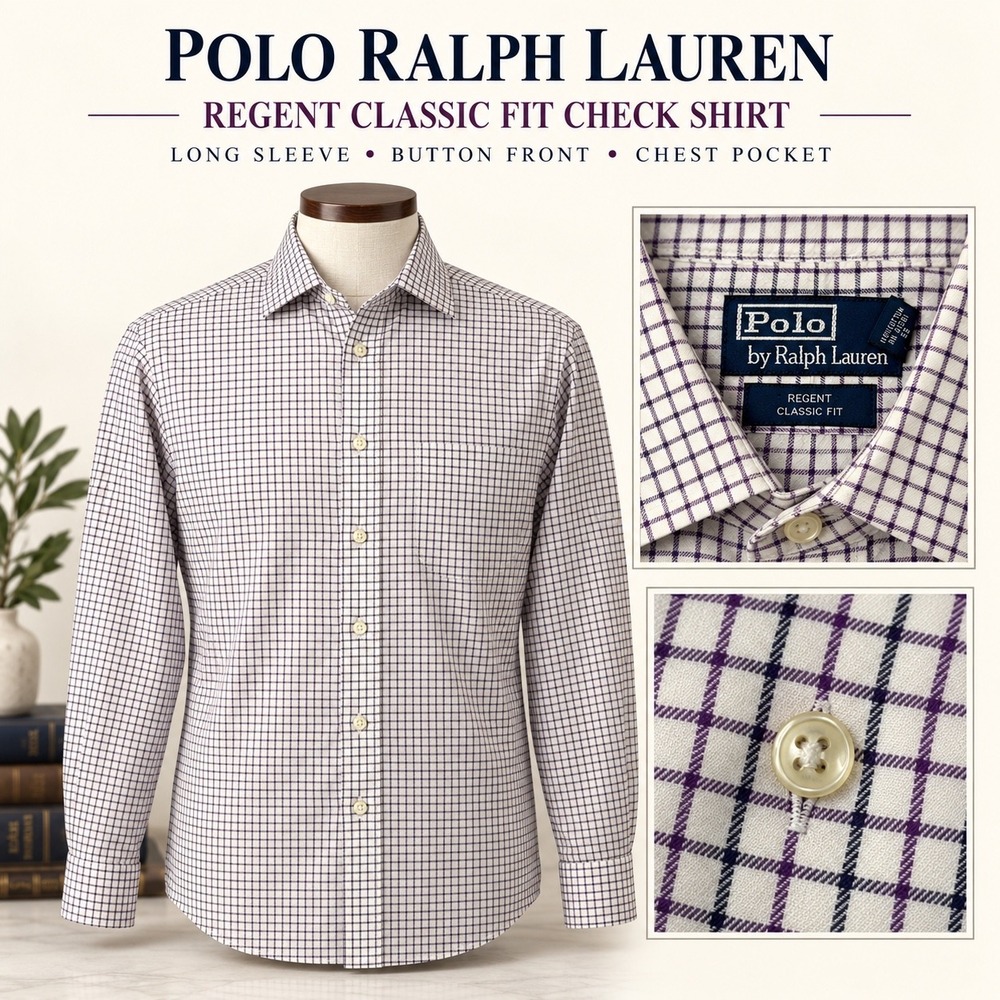 Polo Ralph Lauren Regent Classic Fit Shirt Mens 15.5 Purple Navy Check Cotton